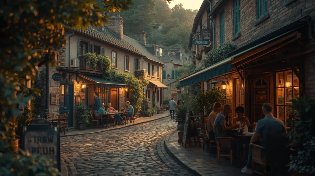 Charming café-lined cobblestone street in pabington at sunset, with locals dining outdoors in a peaceful historic town setting