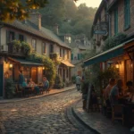 Charming café-lined cobblestone street in pabington at sunset, with locals dining outdoors in a peaceful historic town setting