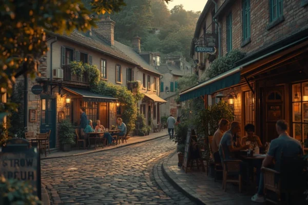 Charming café-lined cobblestone street in pabington at sunset, with locals dining outdoors in a peaceful historic town setting
