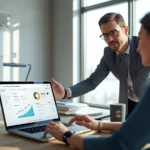 A marketing consultant explaining SEO growth metrics to a client during a Red Deer SEO Agency strategy session