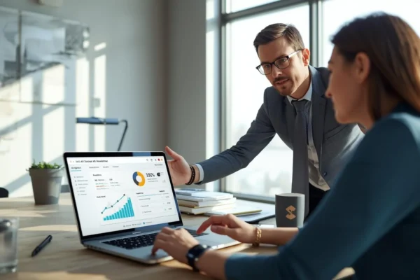 A marketing consultant explaining SEO growth metrics to a client during a Red Deer SEO Agency strategy session