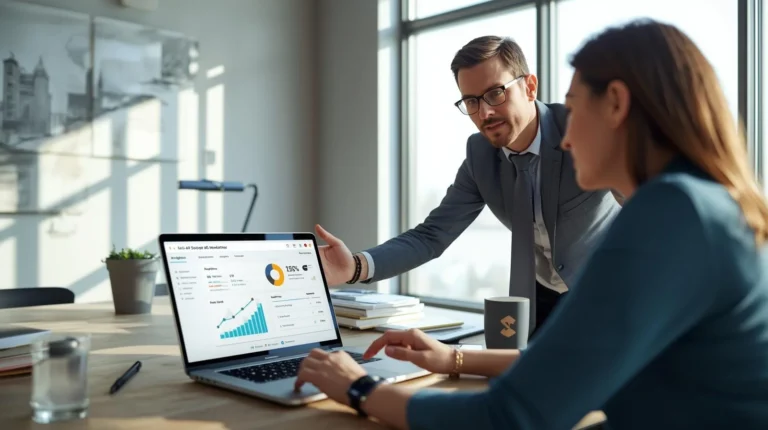 A marketing consultant explaining SEO growth metrics to a client during a Red Deer SEO Agency strategy session