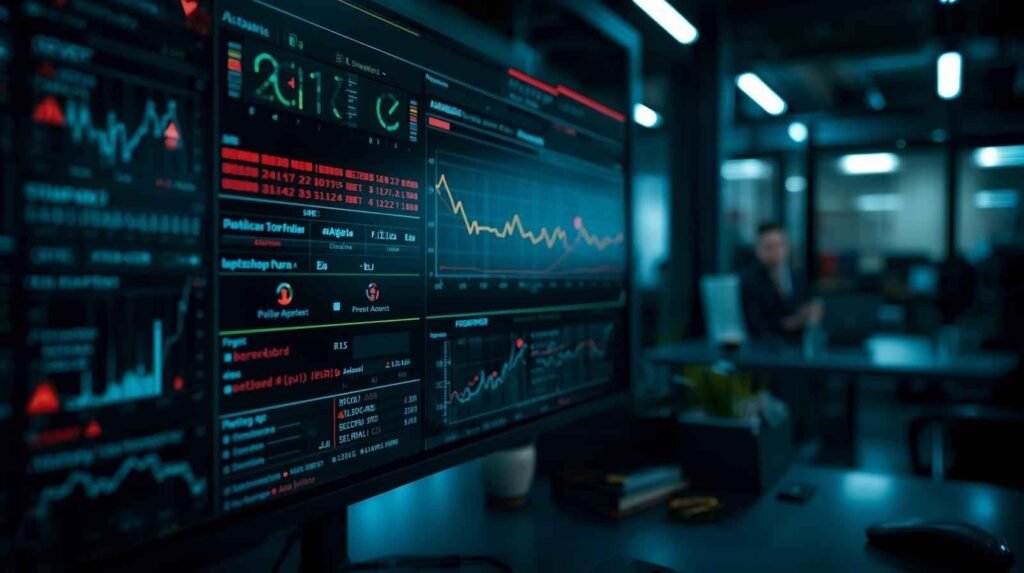 Remote DBA Support expert monitoring live database performance metrics and alerts on a digital dashboard.