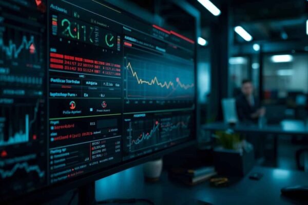 Remote DBA Support expert monitoring live database performance metrics and alerts on a digital dashboard.
