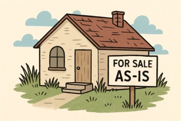 Image of a house with a sign reading 'For Sale As-Is', illustrating the concept of selling a house without repairs or improvements
