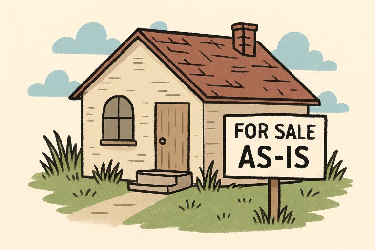 Image of a house with a sign reading 'For Sale As-Is', illustrating the concept of selling a house without repairs or improvements