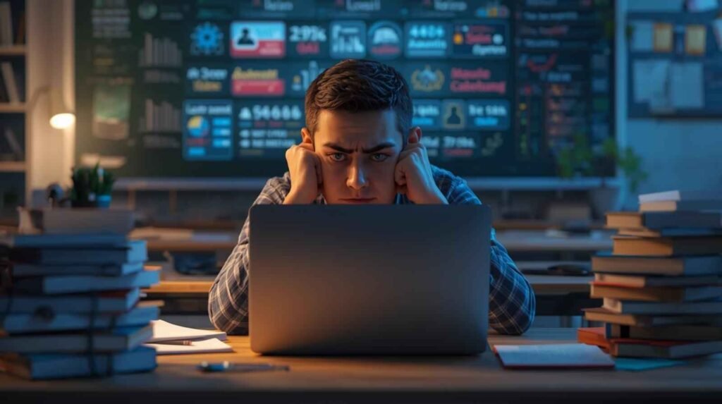 Student looking stressed while working on a laptop late at night, highlighting risks of MyLab Cheats for Pearson Homework and academic pressure.