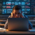 Student looking stressed while working on a laptop late at night, highlighting risks of MyLab Cheats for Pearson Homework and academic pressure.