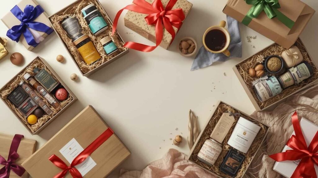 Several gift boxes filled with assorted gourmet items, jars, and packaged goods are arranged on a table, each box tied with a colorful ribbon. A cup of coffee and walnuts are also present.