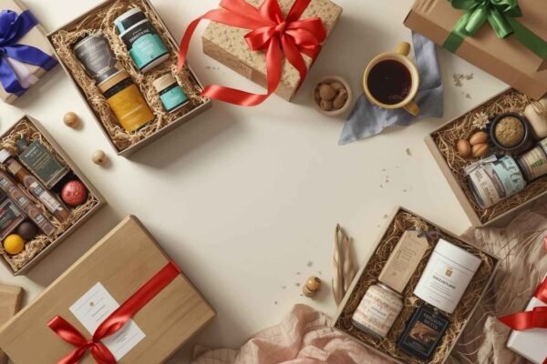 Several gift boxes filled with assorted gourmet items, jars, and packaged goods are arranged on a table, each box tied with a colorful ribbon. A cup of coffee and walnuts are also present.