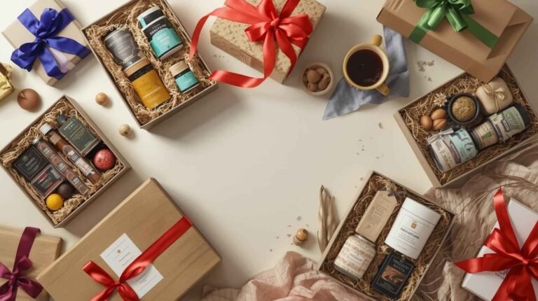 Several gift boxes filled with assorted gourmet items, jars, and packaged goods are arranged on a table, each box tied with a colorful ribbon. A cup of coffee and walnuts are also present.