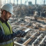 Industrial tank inspector using digital tablet during Training and Certification at refinery site