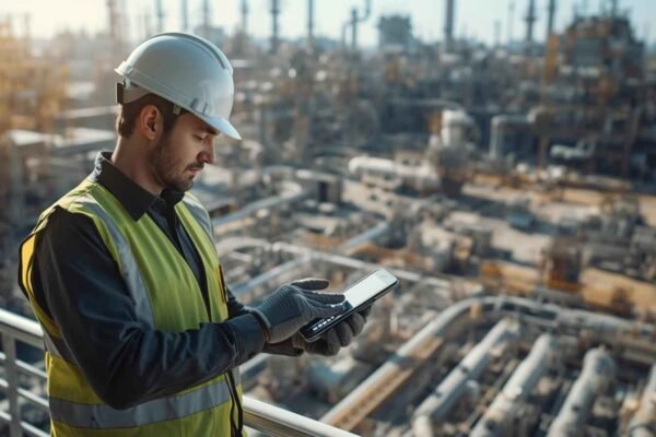 Industrial tank inspector using digital tablet during Training and Certification at refinery site