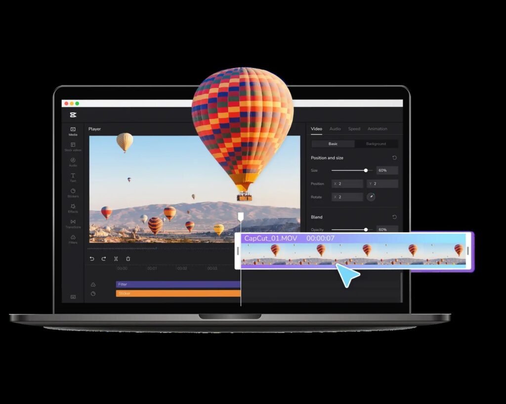 Laptop screen showing Video Trimmer timeline editing a hot air balloon clip with preview and basic video controls
