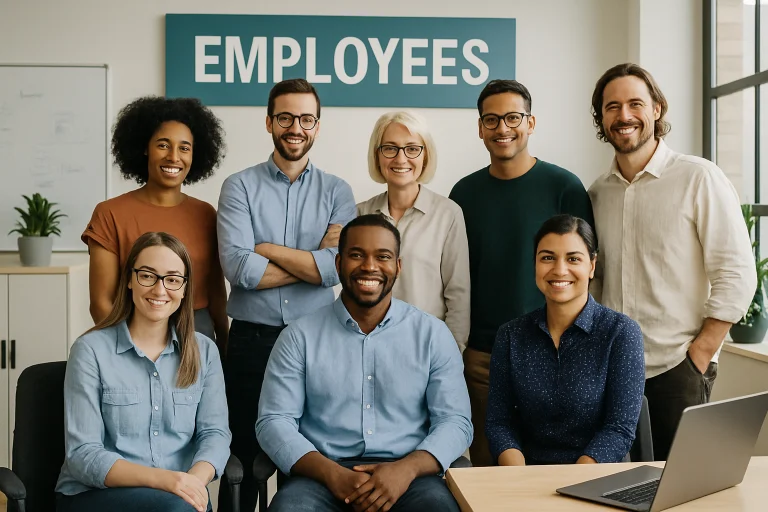 Diverse employees posing together in a modern office, representing Workplace Fairness, inclusion, equal opportunity, and employee rights.