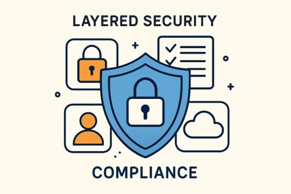 Layered security shield illustrating Compliance and Security Best Practices for protecting business data and ensuring regulatory compliance