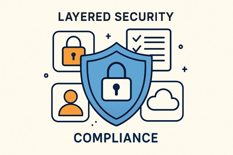 Layered security shield illustrating Compliance and Security Best Practices for protecting business data and ensuring regulatory compliance