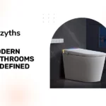 Modern bathroom with sleek toilet, set in a dark, elegant room. Text reads "Bazyths: Modern Bathrooms Redefined" in bold font. Clean and innovative design.