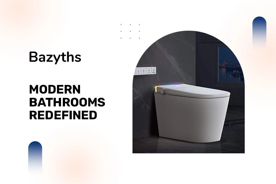 Modern bathroom with sleek toilet, set in a dark, elegant room. Text reads "Bazyths: Modern Bathrooms Redefined" in bold font. Clean and innovative design.