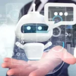 Futuristic robot assistant interacting with user hand, representing AI-Powered Chat Interfaces improving digital communication experience