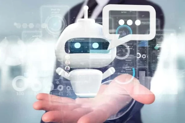 Futuristic robot assistant interacting with user hand, representing AI-Powered Chat Interfaces improving digital communication experience