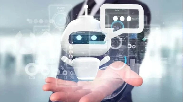 Futuristic robot assistant interacting with user hand, representing AI-Powered Chat Interfaces improving digital communication experience