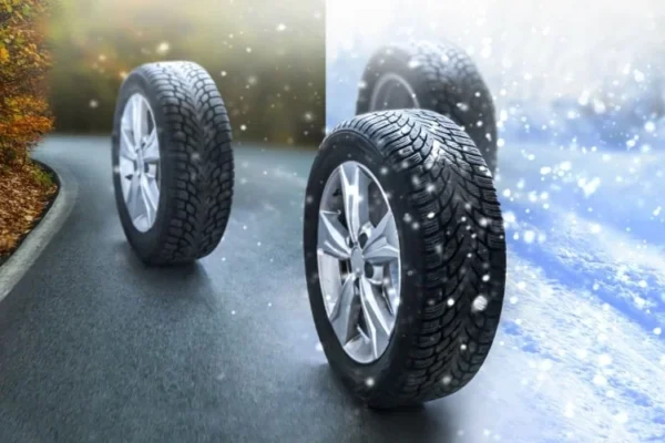 All-Season Tires shown driving on wet, dry, and snowy roads, demonstrating year-round traction, safety, and reliable performance.