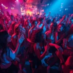 Crowd dancing in a neon-lit nightclub showing as sesta party se7enae vibe with energetic music and social atmosphere