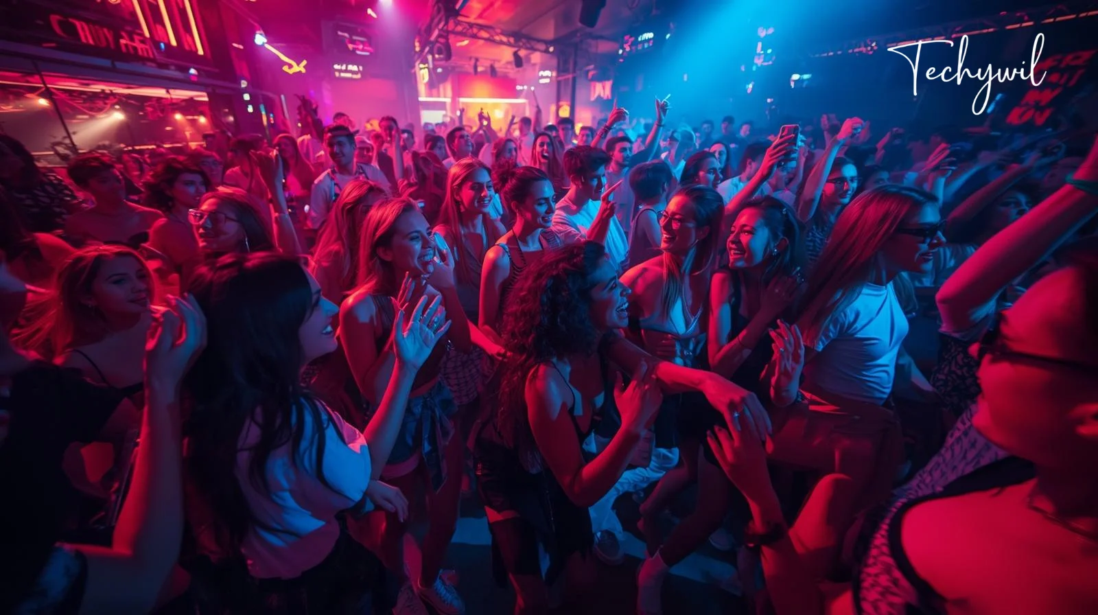 Crowd dancing in a neon-lit nightclub showing as sesta party se7enae vibe with energetic music and social atmosphere