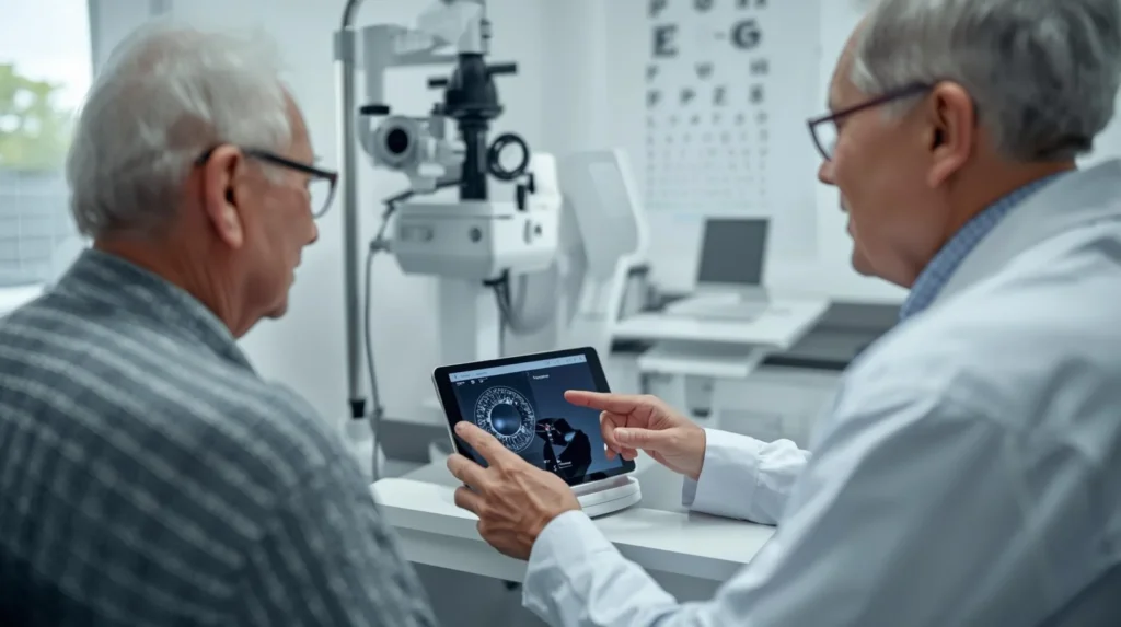 Doctor explaining Cataract Surgery Cost options to senior patient during consultation in a modern eye clinic.