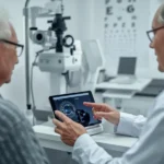 Doctor explaining Cataract Surgery Cost options to senior patient during consultation in a modern eye clinic.