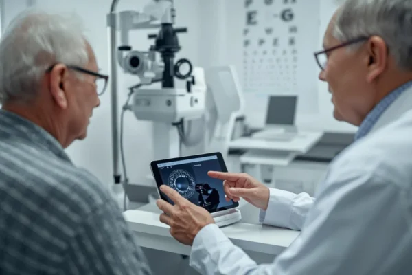 Doctor explaining Cataract Surgery Cost options to senior patient during consultation in a modern eye clinic.