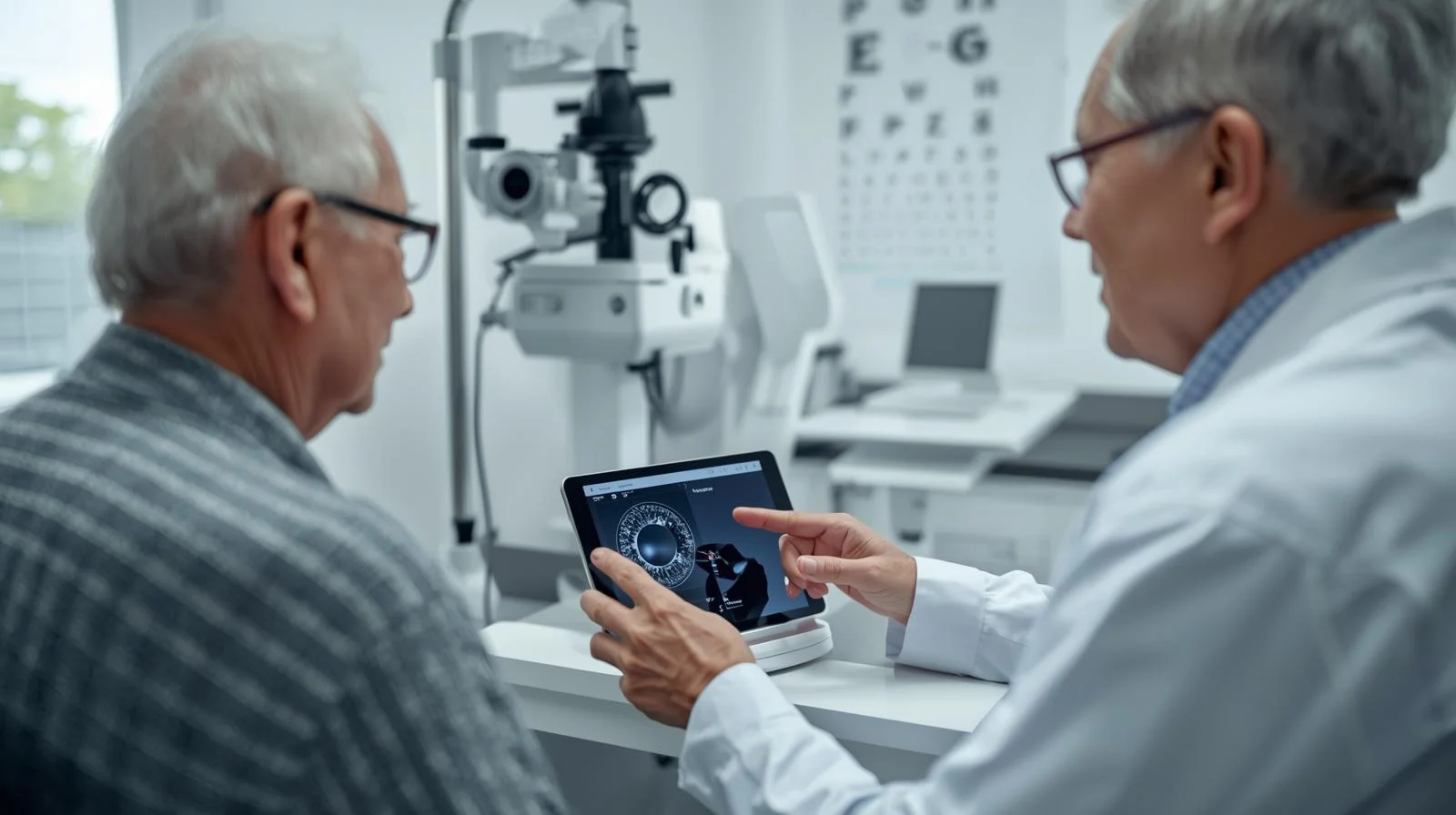 Doctor explaining Cataract Surgery Cost options to senior patient during consultation in a modern eye clinic.