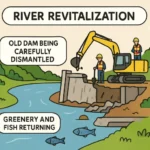 Illustration of Dam Decommissioning showing workers dismantling an old dam while river flow, fish, and natural greenery return.