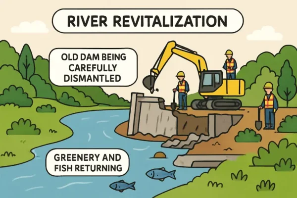 Illustration of Dam Decommissioning showing workers dismantling an old dam while river flow, fish, and natural greenery return.