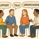 Group Therapy session with four adults sharing support and understanding during addiction recovery discussion.