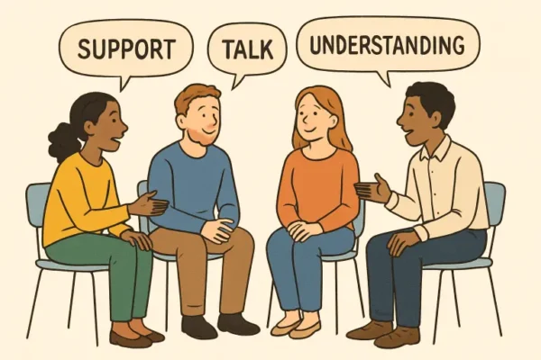 Group Therapy session with four adults sharing support and understanding during addiction recovery discussion.