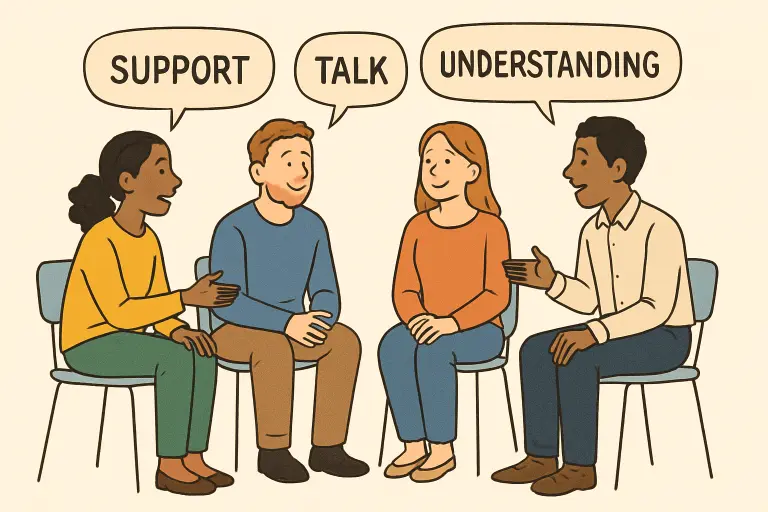 Group Therapy session with four adults sharing support and understanding during addiction recovery discussion.
