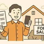 Illustration of a homeowner holding a checklist and phone in front of a house for sale, showing a simplified Home Selling Process