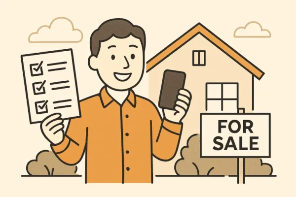 Illustration of a homeowner holding a checklist and phone in front of a house for sale, showing a simplified Home Selling Process