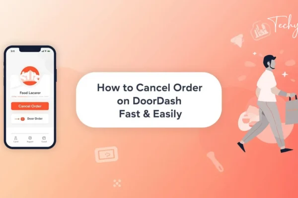 Illustration showing mobile app cancel button and delivery rider explaining how to cancel order on doordash quickly and easily