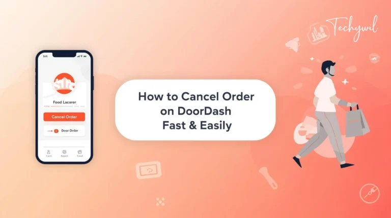 Illustration showing mobile app cancel button and delivery rider explaining how to cancel order on doordash quickly and easily