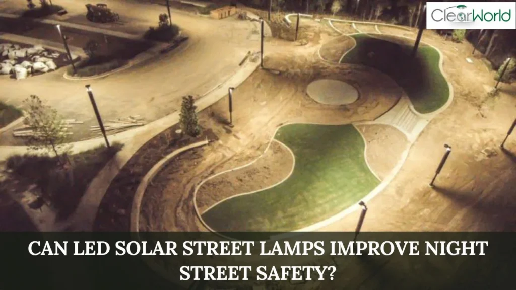 Aerial view of a park pathway illuminated by LED Solar Street Lamps, improving nighttime visibility and safety for pedestrians and nearby streets.