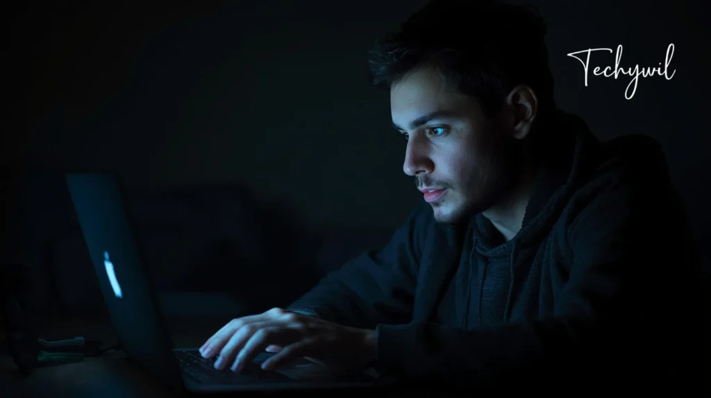 A man working late on a laptop in a dark room, reflecting search interest around lukman hakeem-mustafa seyal