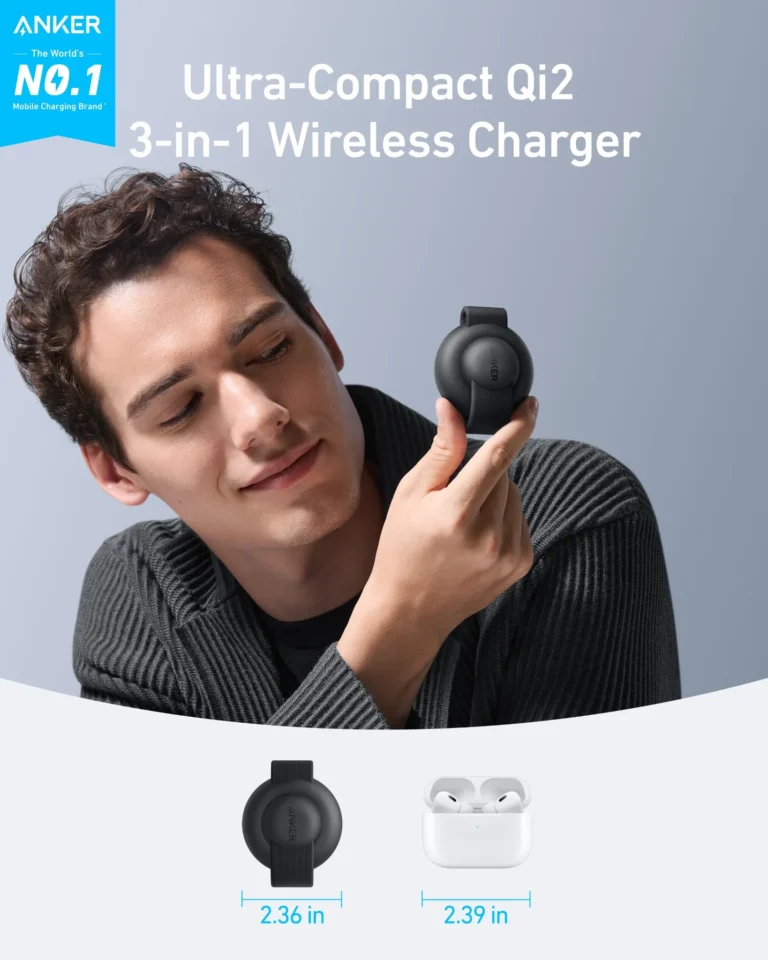 Man holding a compact wireless device demonstrating MagSafe Charger compatibility for iPhone and AirPods charging with magnetic alignment.