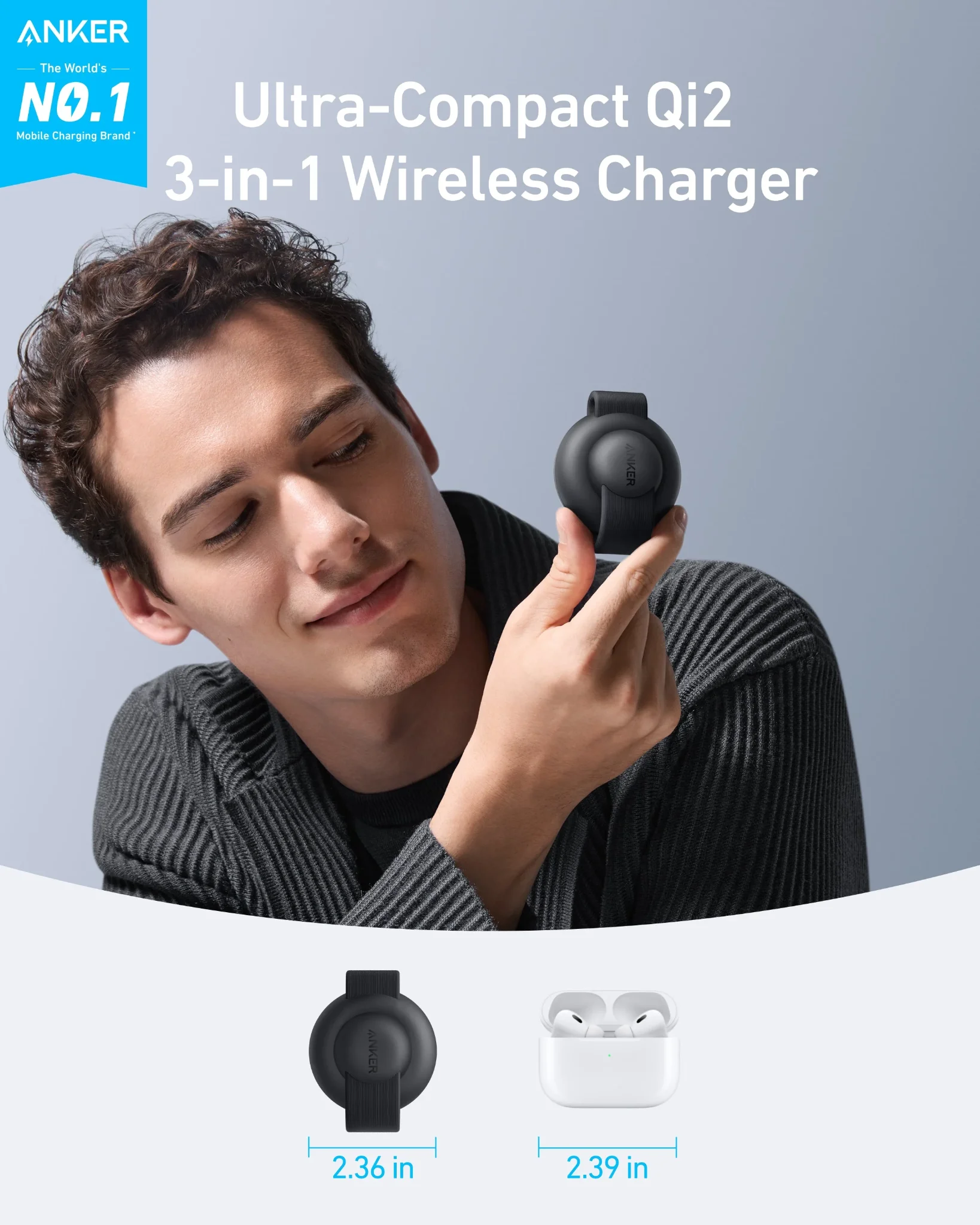 Man holding a compact wireless device demonstrating MagSafe Charger compatibility for iPhone and AirPods charging with magnetic alignment.