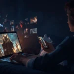 Person watching movies on laptop and phone at night using pelisfulltv with floating cinematic screens in a dark room