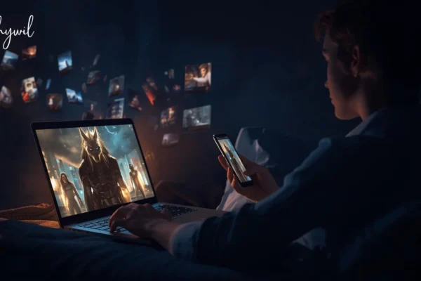 Person watching movies on laptop and phone at night using pelisfulltv with floating cinematic screens in a dark room
