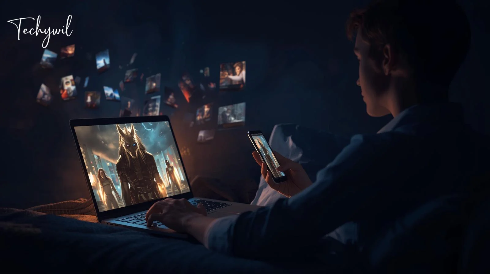 Person watching movies on laptop and phone at night using pelisfulltv with floating cinematic screens in a dark room