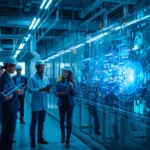 Engineers using digital dashboards and AI tools for Preventative Maintenance for Industrial Facilities in a modern smart factory